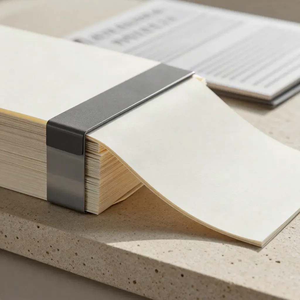 Macro of translucent paper sleeves clipped on pale stone with a cloth edge and teal sheen.
