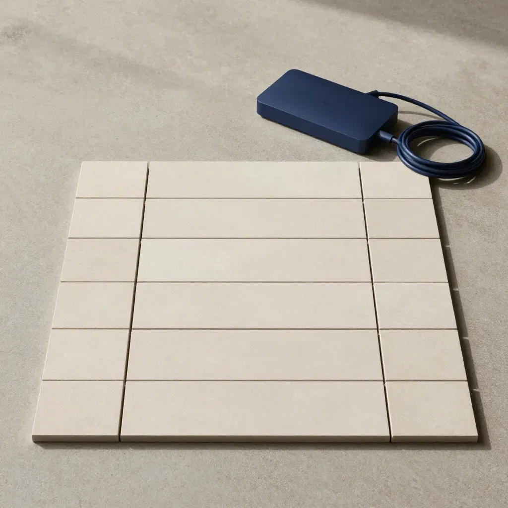 Overhead flat lay of blank tiles, a wireless hub and coiled cable on concrete.
