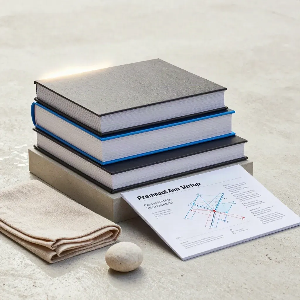 Three strategy deliverables stacked on concrete with blue accents and haze.