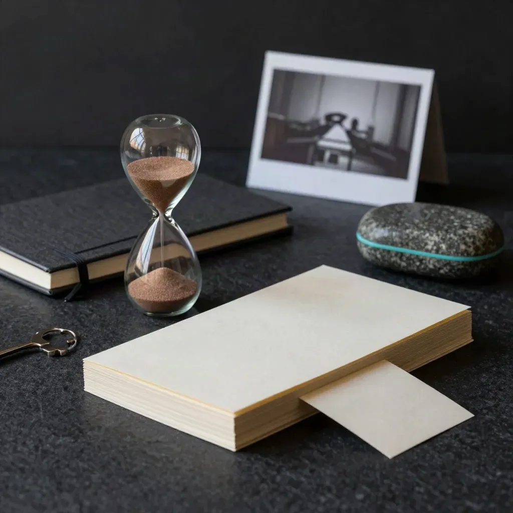 Founder Q&A kit with notebooks, sand timer, index cards and stone paperweight on a dark surface.