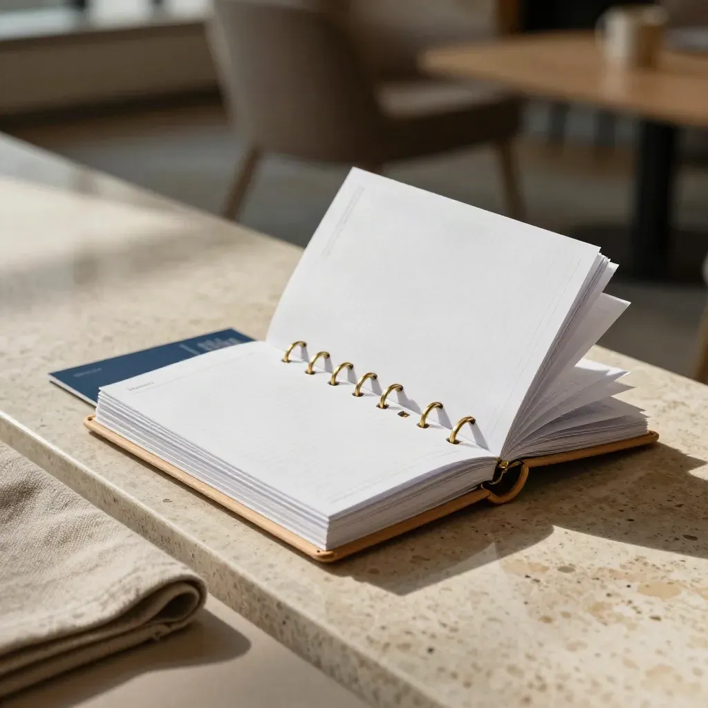 Ring-bound planning pack with fanned grid pages on travertine.